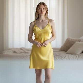 Váy 2 dây satin thêu hoa đào vàng